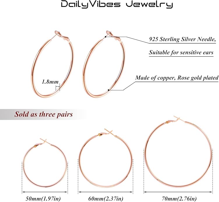 Big Gold Hoop Earrings for Women Hypoallergenic 925 Sterling Silver Post Thin Loop 14K Gold Plated Hoop Earrings Set for Women, 3 Pairs