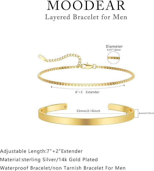 Moodear Stackable Bracelets for Men - Dainty 925 Sterling Silver/14K Gold Plated Cuff Snake Box Cuban Link Chain Bangle Bracelet Set Mens Jewelry