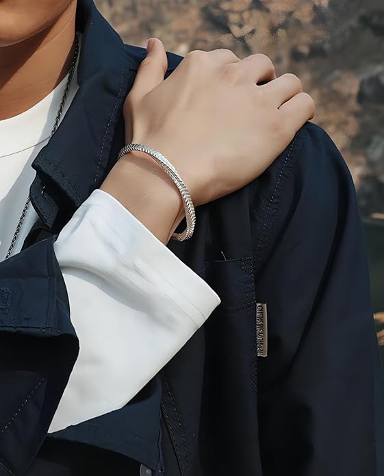 Kim Carrey S925 Sterling Silver Bracelet, Open Bangle Cuff Design, Men's Stacked Bracelets Gift Jewelry for My Man