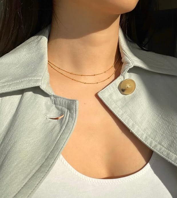 14K Gold Necklace for Women, Womens Dainty Chain Necklace Plated Shining Dots Satellite Choker Box Chain, Women Layering Necklaces