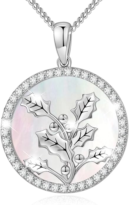 AGVANA Valentines Day Gifts Sterling Silver Birth Flower Necklace for Women Genuine Mother of Pearl CZ Round Disc Pendant Necklace Fine Jewelry Anniversary Birthday Gifts for Women Wife Mom Her