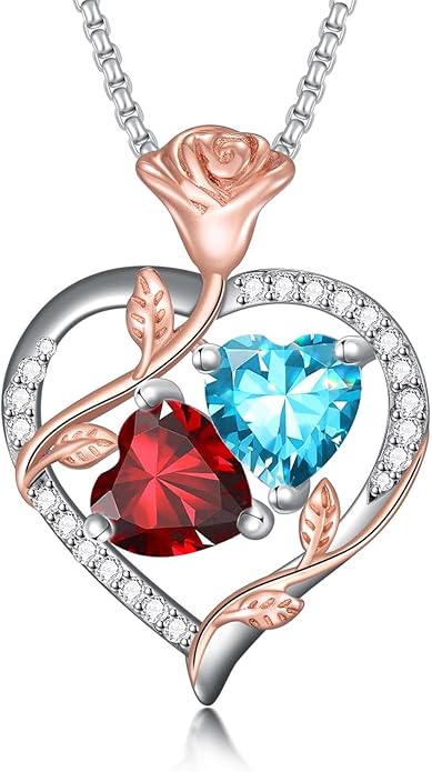Christmas Gifts for Women Rose Heart Birthstone Pendant Necklace I Love You Forever Jewelry Valentine Mothers Day Birthday Gifts for Women Her Wife Girlfriend