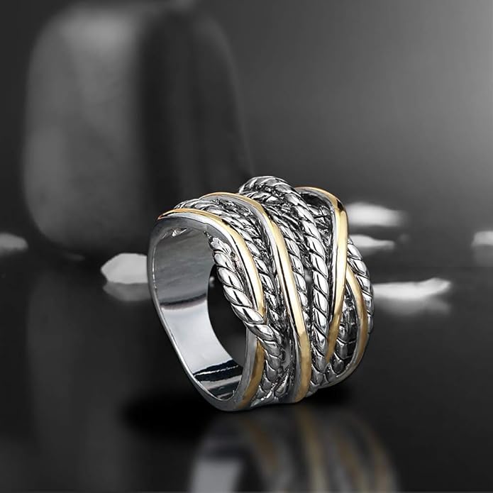 Wide Band Rings Twisted Rope Ring Two-Tone Mixed Metal Braided Statement Rings Fashion Jewelry for Women