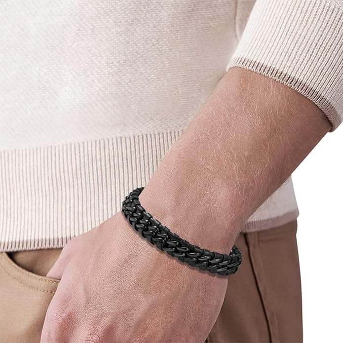 Men's Braided Genuine Leather Link Steel Chain Bracelet
