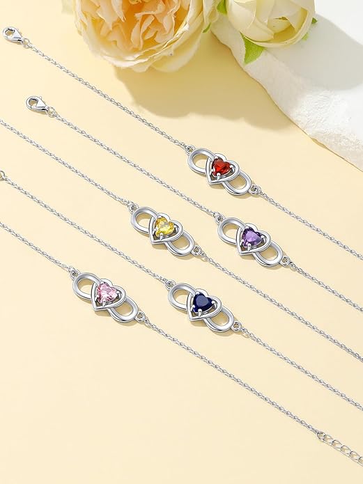 Custom4U Personalized Infinity Love Symbol Link Bracelets for Women 925 Sterling Silver Birthstone Bracelet Adjustable Engraved Chain Christmas Mother's Day Birthday Jewelry Gifts for Mom Her