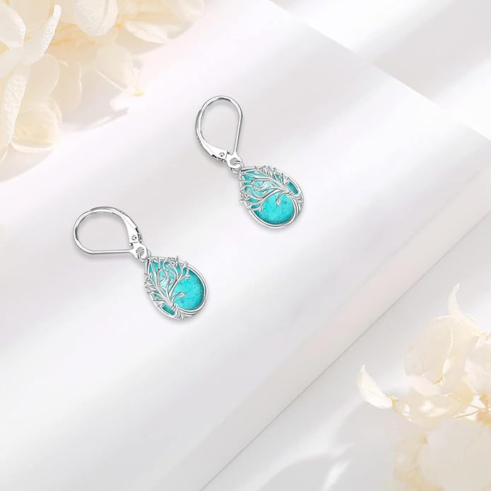 Black Cat/Turtle/Moonstone//Turquoise/Flower/Tree of Life Earrings Sterling Silver Cute Animal Leverback Dangle Earrings Jewelry Gifts