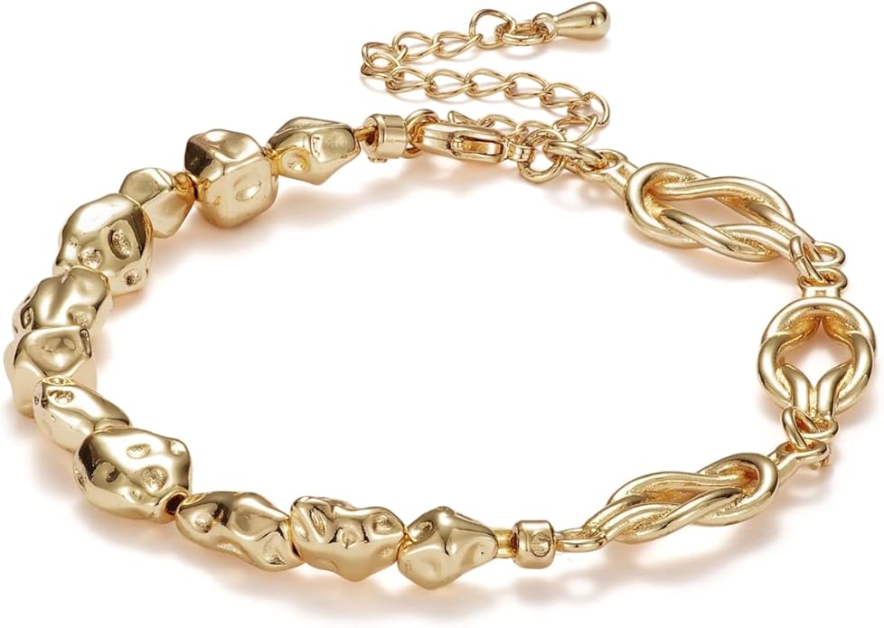 14K Gold Bracelets for Women, Love Knot & Organic Shape Bead Bracelets, Small Wrist Waterproof Gold Plated Toggle Bracelet, Modern Statement Jewelry Gifts for Women Mother Daughter