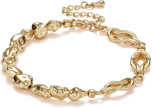 14K Gold Bracelets for Women, Love Knot & Organic Shape Bead Bracelets, Small Wrist Waterproof Gold Plated Toggle Bracelet, Modern Statement Jewelry Gifts for Women Mother Daughter