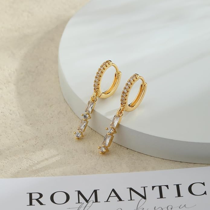 14K Gold Plated Dangle Earrings for Women - Dainty, Trendy, Hypoallergenic CZ Drop Earrings - Simple Long Dangling Jewelry