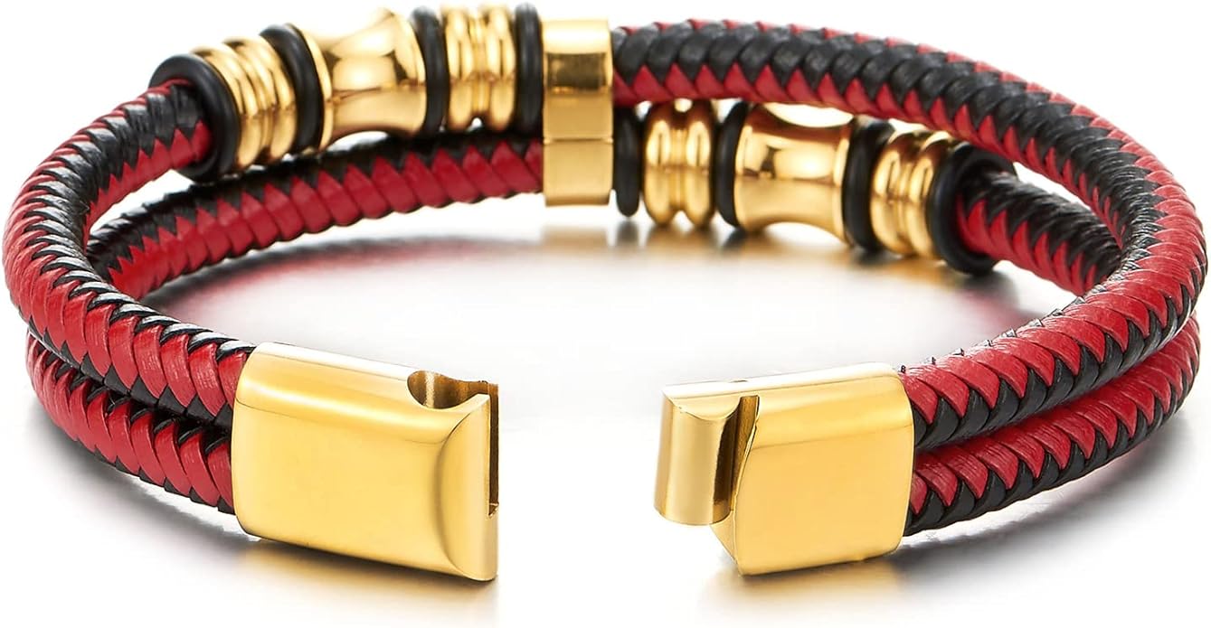 COOLSTEELANDBEYOND Mens Double-Row Braided Leather Bracelet Bangle Wristband with Stainless Steel Ornaments