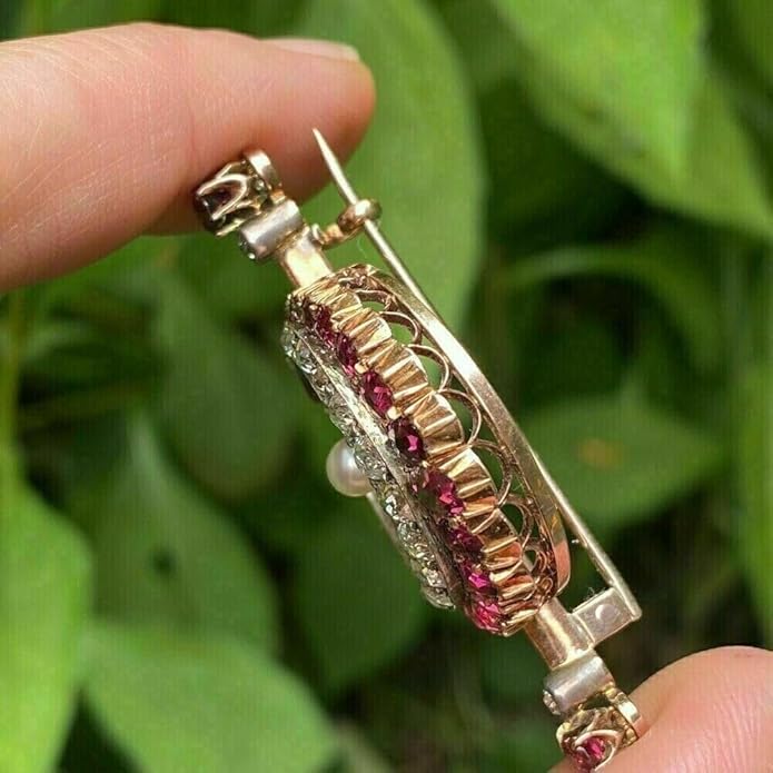 2.00 Ct Round Simulated Pink Ruby & White Diamond, White Pearl Moon Women Brooch Pin 14k Yellow Gold Plated 925 Silver