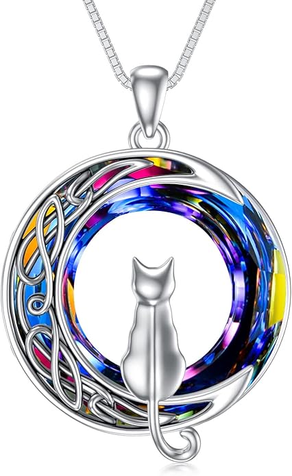 TOUPOP Christmas Cat Gifts for Cats Lovers One Two Three Four Cats Necklace Sterling Silver Cats on the Moon Pendant Necklace with Blue Circle Crystal Birthday Christmas Celtic Jewelry Gifts for Women