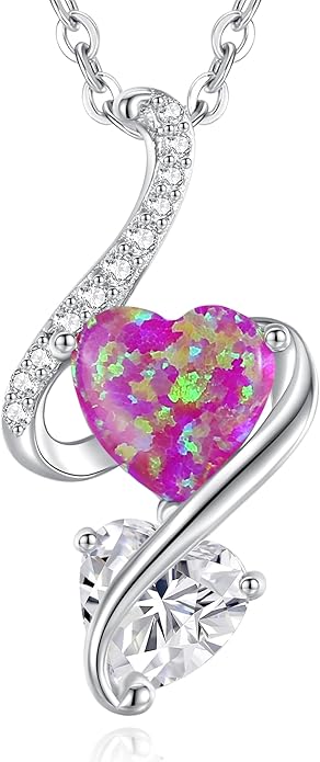 LOUISA SECRET 925 Sterling Silver Opal Birthstone Necklace, Unique Tiny Double Heart Pendant Jewelry, Engraved with "S925 I Love You" Best Birthday Gift for Women Wife Girlfriend Mom Her, Christmas Day Valentine's Day Anniversary Mother's Day