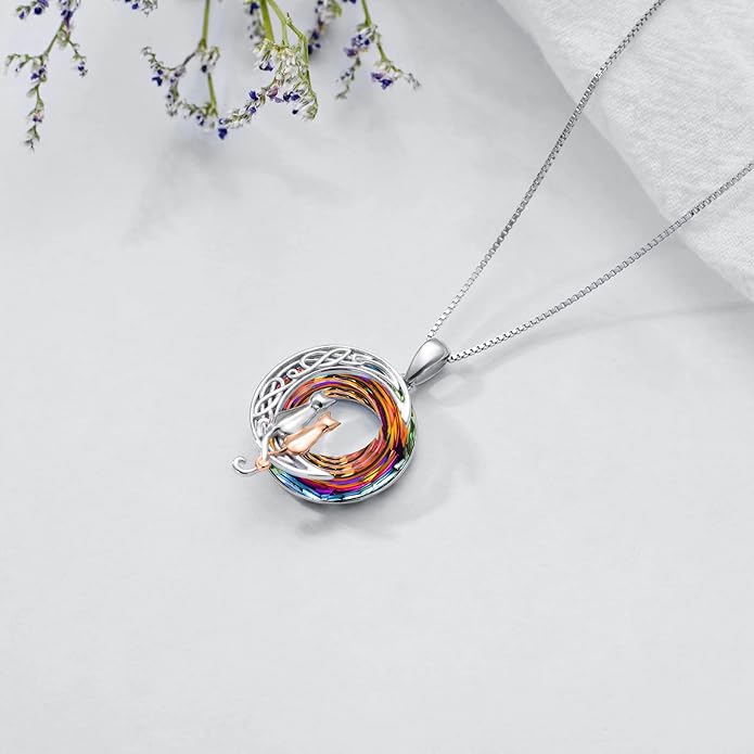 TOUPOP Christmas Cat Gifts for Cats Lovers One Two Three Four Cats Necklace Sterling Silver Cats on the Moon Pendant Necklace with Blue Circle Crystal Birthday Christmas Celtic Jewelry Gifts for Women
