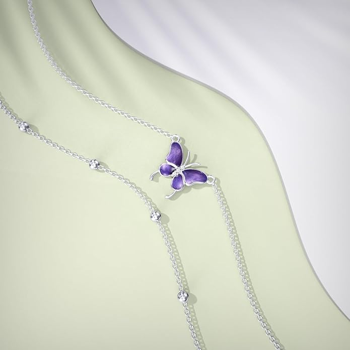 Diamond Butterfly Anklets for Women 925 Sterling Silver Animal Lover Double Layer Ankle Bracelet Jewelry Gift for Mom Wife Sister Friend,9"+2"