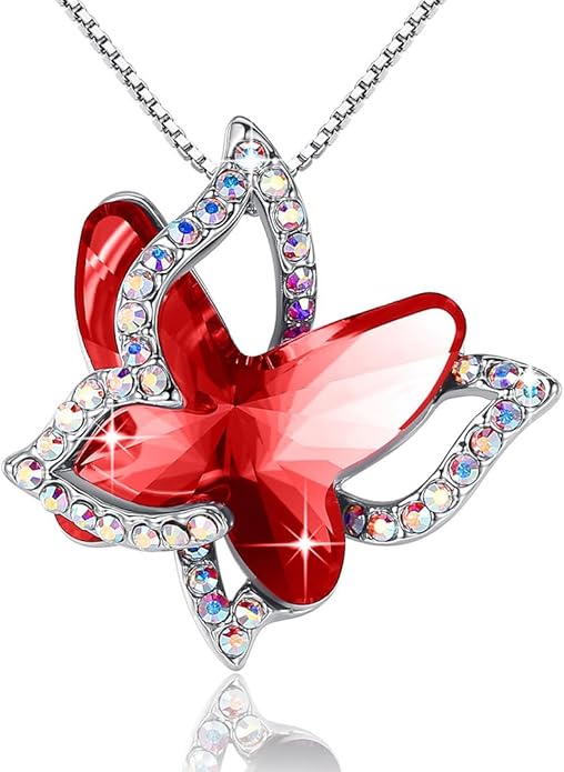 Gift Butterfly Birthstone Crystal Necklace, Silver Tone with 18”+2” Chain, Necklace for Mother’s Day Anniversary Birthday Gifts for Women and Daughter