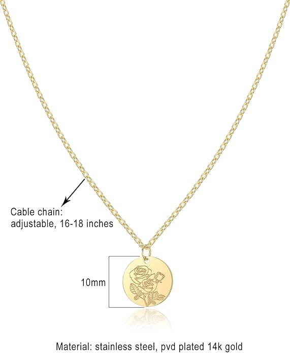 Birth Flower Necklace, 14K Gold Plated Floral Pendant Necklaces for Women, Simple Dainty Birth Month Flower Necklace, Birthday Jewelry for Women - 12 Month