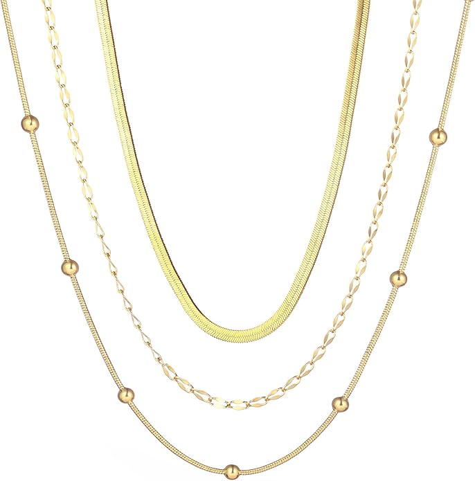 wgoud Gold Necklace for Women Waterproof,14K Real Gold Plated Herringbone Choker Necklace for Women Trendy, Dainty Gold Chain Necklaces Stack,Simple Layered Gold Necklaces for Women Jewelry Gifts
