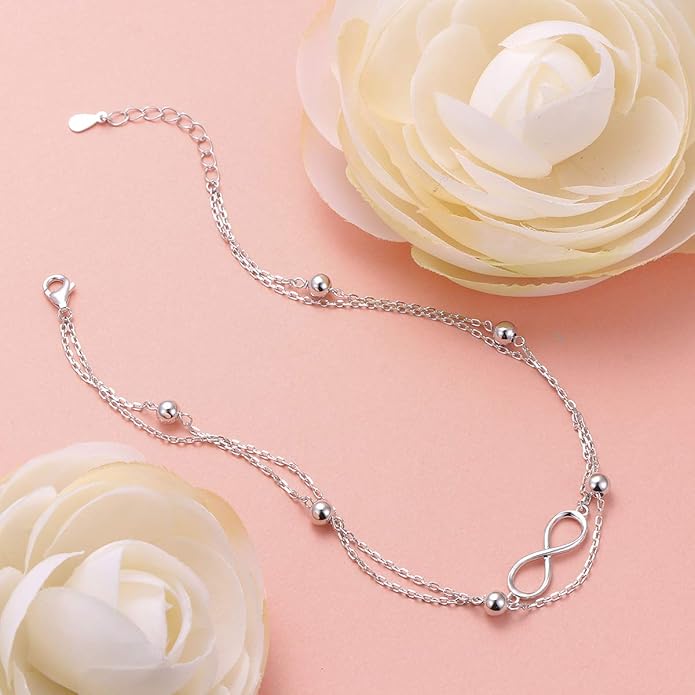 FLYOW Anklet for Women S925 Sterling Silver Adjustable Foot Beaded Heart Charm Ankle Bracelet Anklets Jewelry
