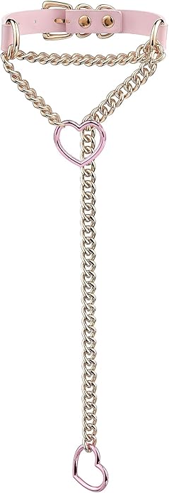 Handmade Black Heart Choker Collar For Women, Punk Gothic O-ring Slip Chain Necklace with Adjustable Vegan Leather Buckle