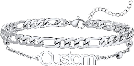 U7 Custom Layered Ankle Bracelets for Women Stainless Steel Bead/Cuban/Figaro/Rope/Wheat Chain Anklet Waterproof Anklet Jewelry for Beach Vacation