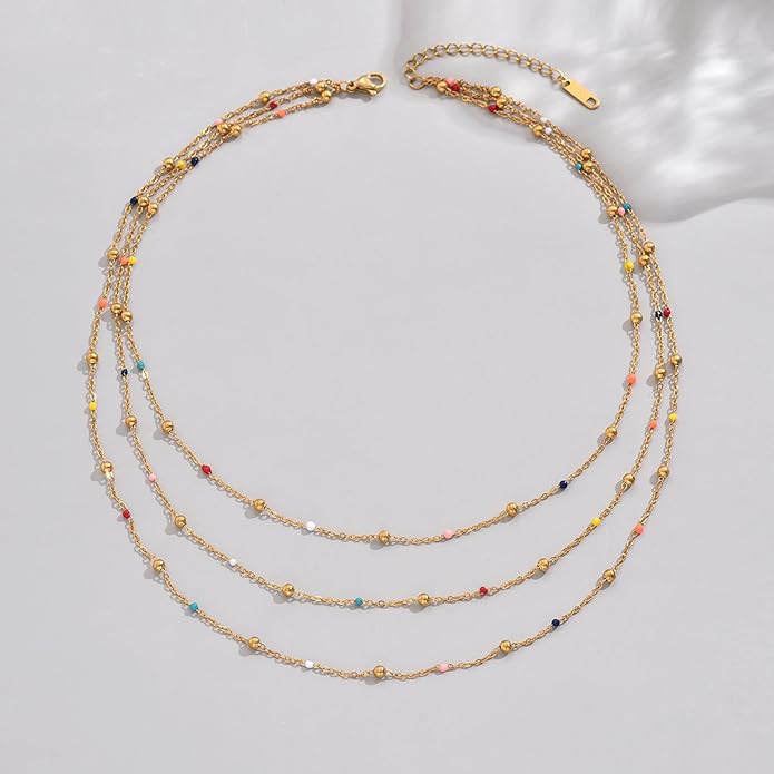 Gold Chain Necklace for Women Dainty 18K Gold Plated Thin Satellite Beaded Turquoise Necklace Simple Gold Boho Jewelry