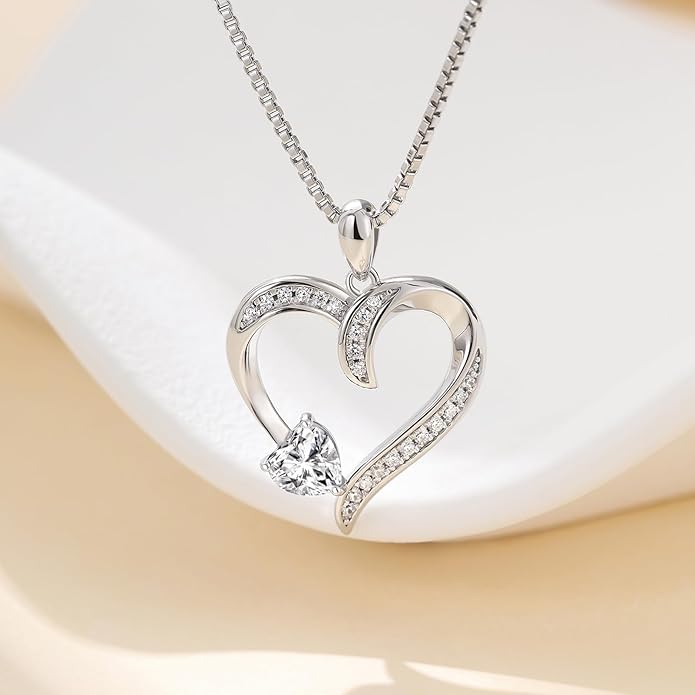 Love Heart Necklace for Women, 925 Sterling Silver Cubic Zirconia Birthstone Heart Pendant Jewelry Gift for Mom, Mother, Wife, Girlfriend on Birthday, Mother's Day, Chain 18 inch