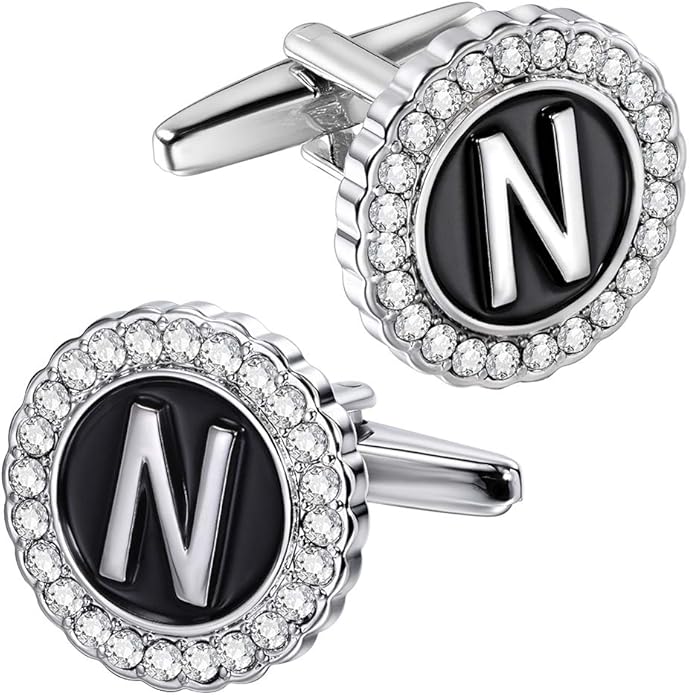HAWSON A-Z Initial Cufflinks for Men and Women with Clear Crystal, Gold Silver Color Rasied Letter A-Z Cuff Links for French Shirt, Gift for Normal and Business Wearing