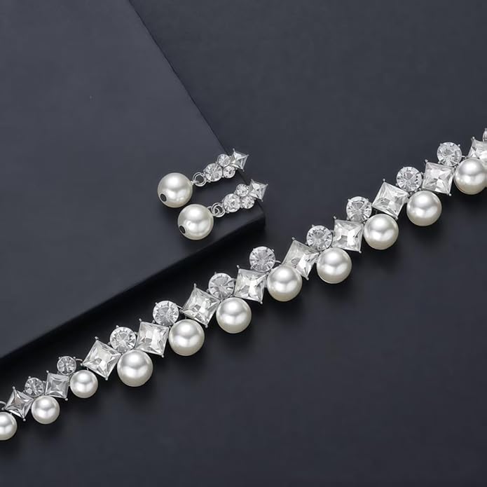 la luen Pearl Bride Wedding Jewelry Set Faux Pearls Crystal Rhinestone Necklace Earrings Bracelet Sets for Women Bridesmaid(3 PCS)