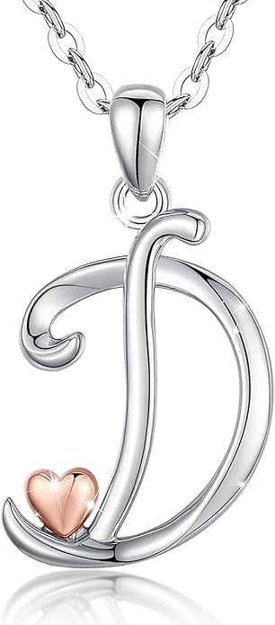 CELESTIA 925 Sterling Silver Initial Necklaces 26 Letter with Rose Gold Heart - 18 Inch Chain