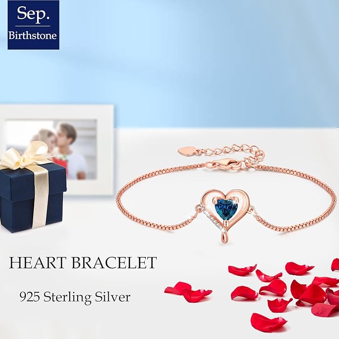 LAVUMO Love Heart Bracelets for Women 925 Silver Charm Birthstone Bracelet Adjustable Anniversary Birthday Jewelry Gifts for Women Girlfriend Wife Daughter Mom Her