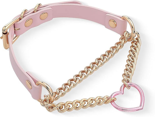 Black/Pink Leather Choker Necklace For Women, Handmade Adjustable Chain Collar with Metallic Heart Ring