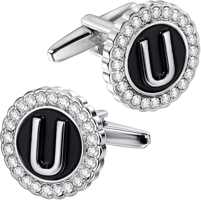 HAWSON A-Z Initial Cufflinks for Men and Women with Clear Crystal, Gold Silver Color Rasied Letter A-Z Cuff Links for French Shirt, Gift for Normal and Business Wearing
