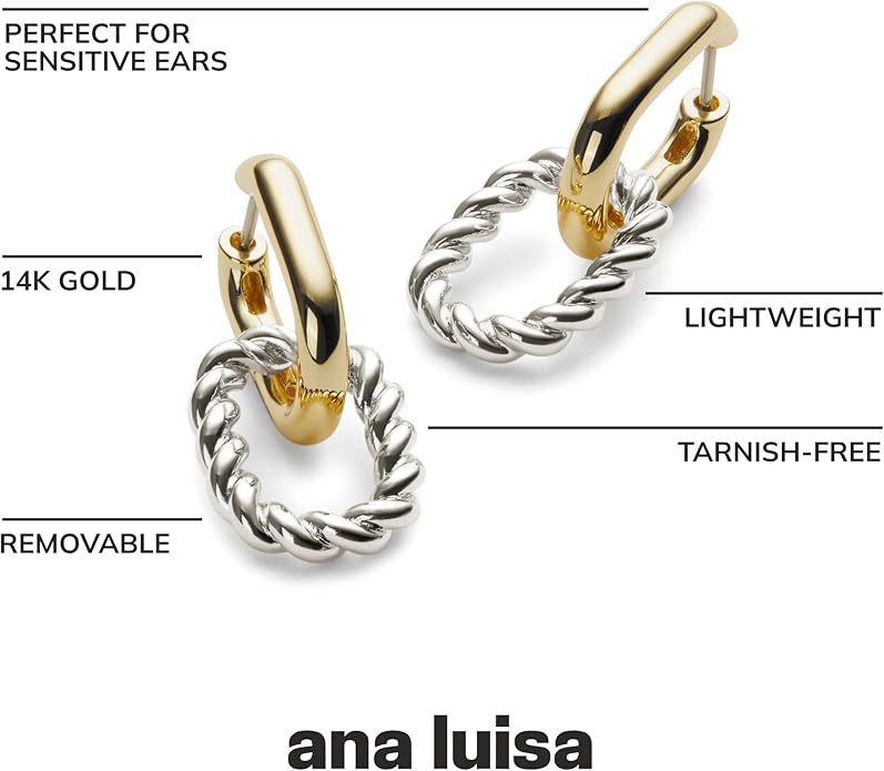 Ana Luisa Ash Double Hoop Earrings for Women - 14K Gold Plated, Silver & Two-Tone Drop Dangle Hoop Earring - Trendy Paperclip Link Huggie Hoop - Hypoallergenic, Water-Resistant & Tarnish-Free Jewelry