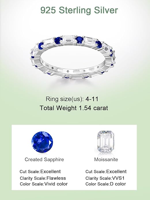D Color VVS1 Clarity Moissanite and Sapphire/Ruby/Emerald Rings for Women, Solid 925 Sterling Silver, Anniversary Birthday Mothers Day Jewelry Gift, Stackable Wedding Ring, Size 4-11