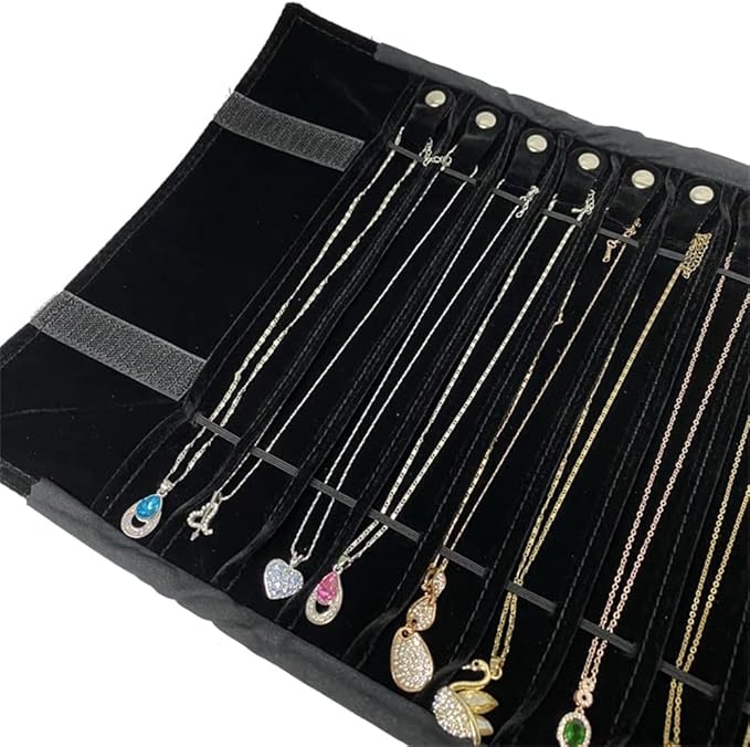 SCIKHEFT Portable Jewelry Roll Untangled Secure Necklace Travel Storage Bag Displays Holder 16 Chain (Black)