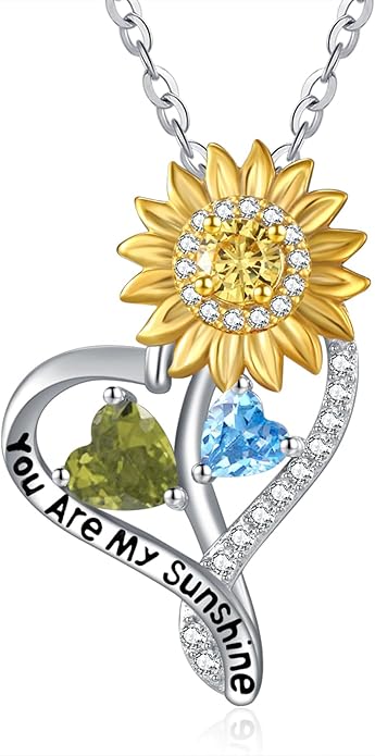 Zeuslia Double Birthstone Necklace Gifts for Wife - 925 Sterling Silver Sunflower/Rose/Crown Cross/Compass/Heart Pendant I Love You Necklace, Anniversary Birthday Gifts for Wife Girlfriend Mom Her
