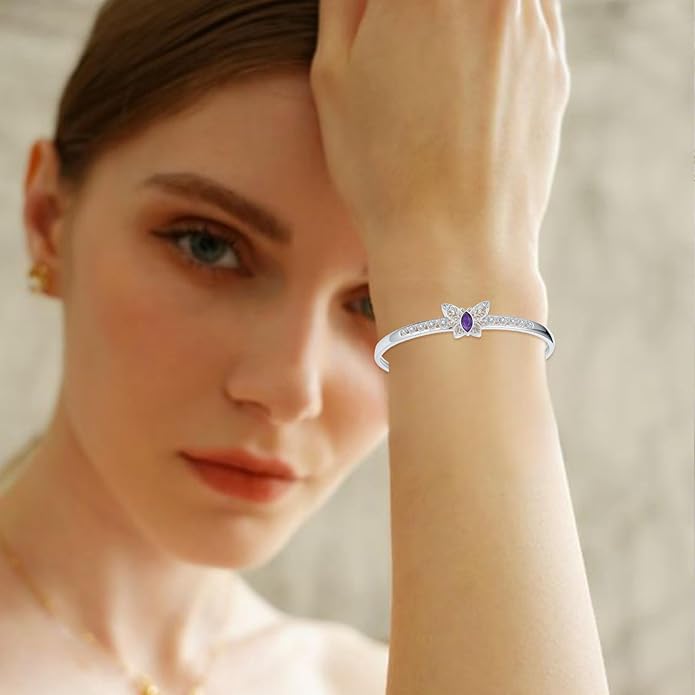 Butterfly Filigree Cuff Bracelet with CZ, 925 Sterling Silver Adjustable Natural Gemstone Bangle, Vintage Boho Jewelry Gift for Her
