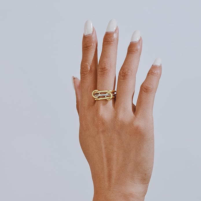 AllenCOCO 14K Gold Plated Stackable Rings, 3 Ring Set with CZ Cubic Zirconia, Gold & Silver Stacked, Multi-Link Connected Interlocking Band for Women Statement Hypoallergenic Upgraded Craft