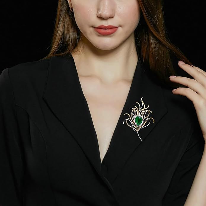 14K Gold Feather Brooch Pin with Moissanite Inlay - Elegant Coat and Suit Accessory for Women, Fashionable Business Attire Enhancement