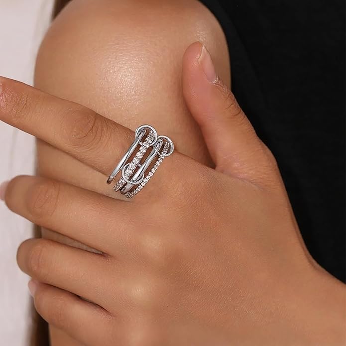 14K Gold Plated Interlocked Stackable Rings for Women Non Tarnish,Gold and Silver Cubic Zirconia Statement Rings Set,Mixed Metals Ring Two-Toned Connected Bands Stacking Jewelry