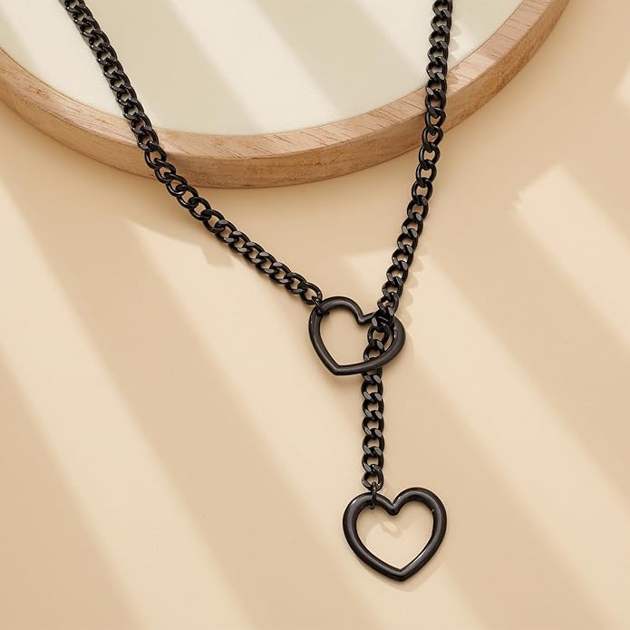 Heart Slip Chain Necklaces for Women,Stainless Steel O-Ring Adjustable Lariat Y-Necklace,Punk Gothic Cuban Collar Choker Necklace for women