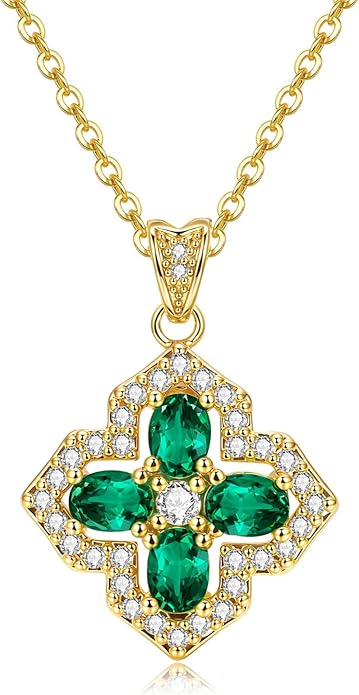 VONSSY Four Leaf Clover Necklace Earrings Shamrock Irish ST Patricks Jewelry Set Gift Green Emerald Zircon Crystal Stud 18k Gold Plated Chain Saint Pendant for Woman Wife Girlfriend