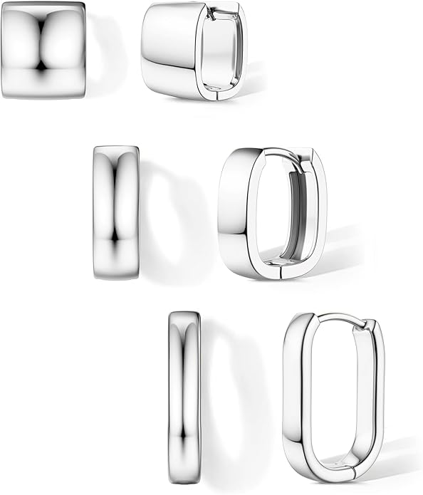 Florideco 3Pairs Chunky Gold Earrings Set 14K Gold Plated Hoop Earrings for Women Trendy Small Thick Huggie Hoops Earring Lightweight Silver Hoop Earring Sets for Multiple Piercing
