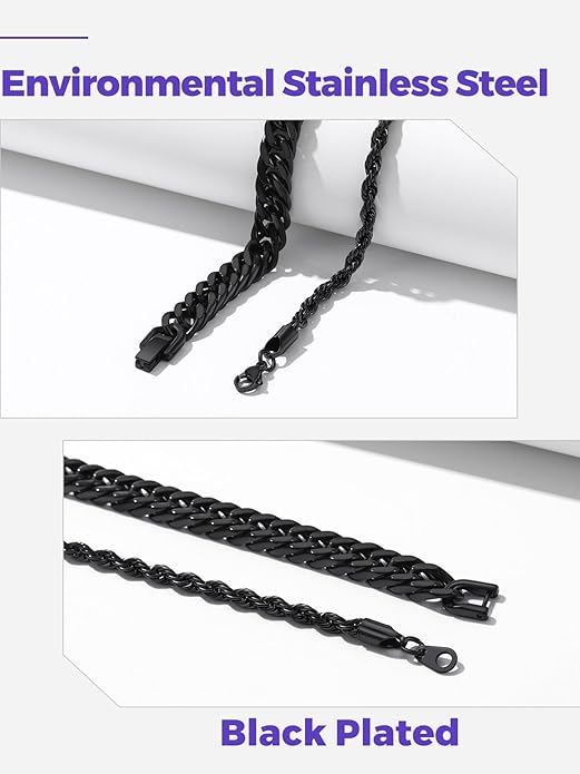 Richsteel 2PCS/3PCS Bracelets Chain for Men Women Stainless Steel Silver/Gold/Black Cuban/Rope Link Chain Bracelets Set, 7.4/8.2/9 Inch Hand Chain Length for Men Women Jewelry