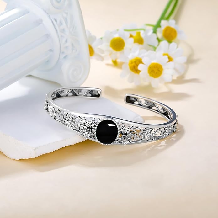 Genuine Turquoise Vintage Flower Bracelet Bangle, Sterling Silver Boho Adjustable Bangle Cuff Native American Jewelry for Women, Fit for 6.5 7 7.5 Inches