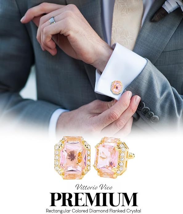 Rectangular Colored Diamond-Flanked Crystal Cuff Links – Tuxedo Suit Accessories, Cufflinks for Men