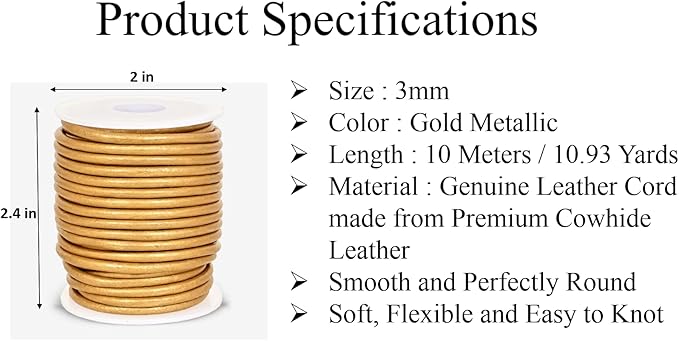 GENIQUE Real/Genuine Round Leather String Cord for Necklace, Bracelets, Jewelry, Kumihimo Braiding, DIY Projects (10 Metres) (3mm, Gold Metallic)