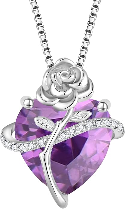 Birthstone Necklace for Women 925 Sterling Silver Love Heart Rose Flower Necklace Dainty Jewelry Gifts for Women Wife Girlfriend Mother Daughter Her