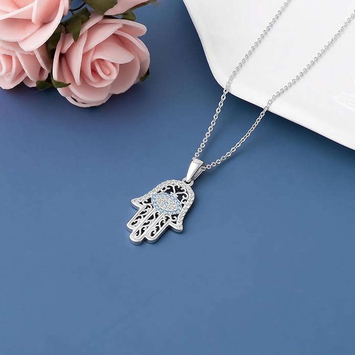 White Gold 14K Gold Plated Necklaces for Women Evil Eye Necklace for Women Girls Evil Eye Hamsa Hand of Fatima Pendant Necklace Good Luck Necklace Jewelry